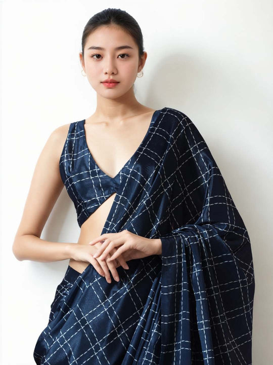 Navy Blue Chinon Digital Print with Lace Border Ready to Wear Saree