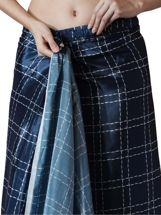 Navy Blue Chinon Digital Print with Lace Border Ready to Wear Saree