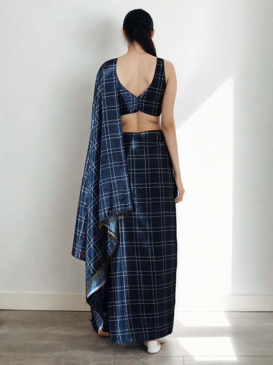 Navy Blue Chinon Digital Print with Lace Border Ready to Wear Saree