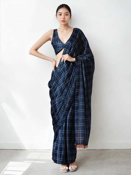 Navy Blue Chinon Digital Print with Lace Border Ready to Wear Saree