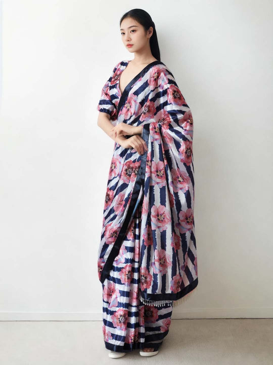 Multicolor Chinon Digital Print with Lace Border Ready to Wear Saree