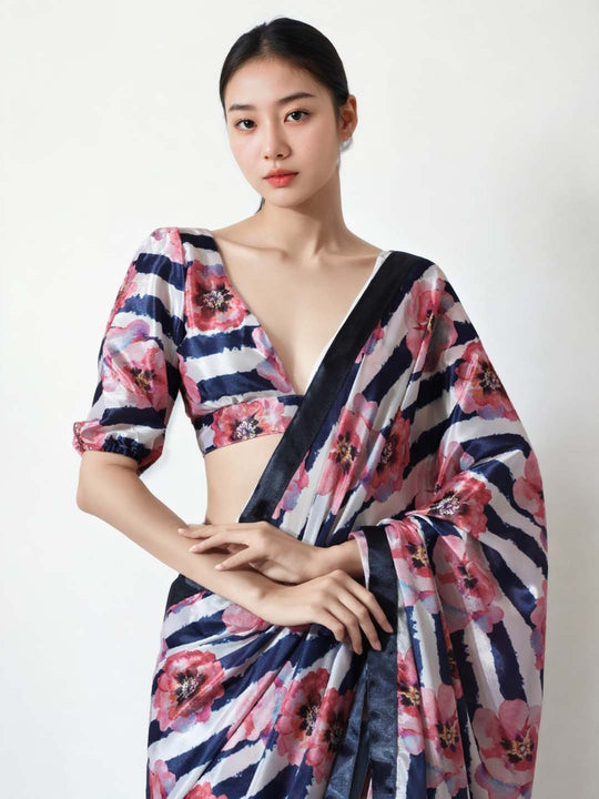 Multicolor Chinon Digital Print with Lace Border Ready to Wear Saree