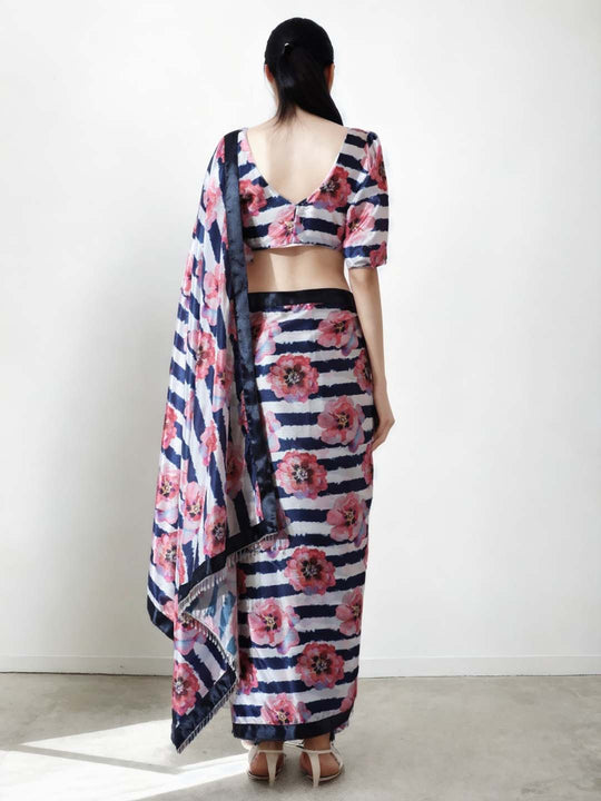 Multicolor Chinon Digital Print with Lace Border Ready to Wear Saree