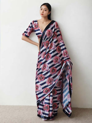 Multicolor Chinon Digital Print with Lace Border Ready to Wear Saree