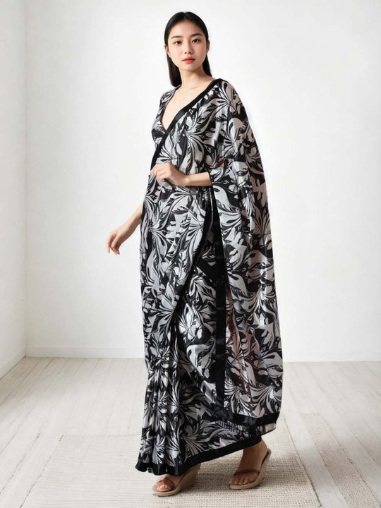 Black Chinon Digital Print with Lace Border Ready to Wear Saree
