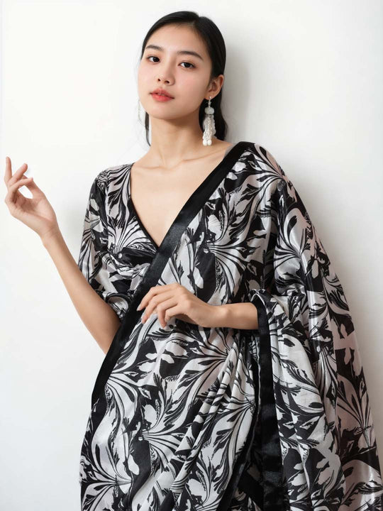 Black Chinon Digital Print with Lace Border Ready to Wear Saree