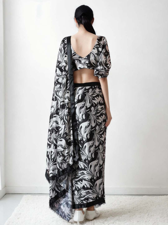 Black Chinon Digital Print with Lace Border Ready to Wear Saree