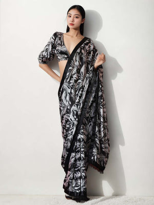 Black Chinon Digital Print with Lace Border Ready to Wear Saree