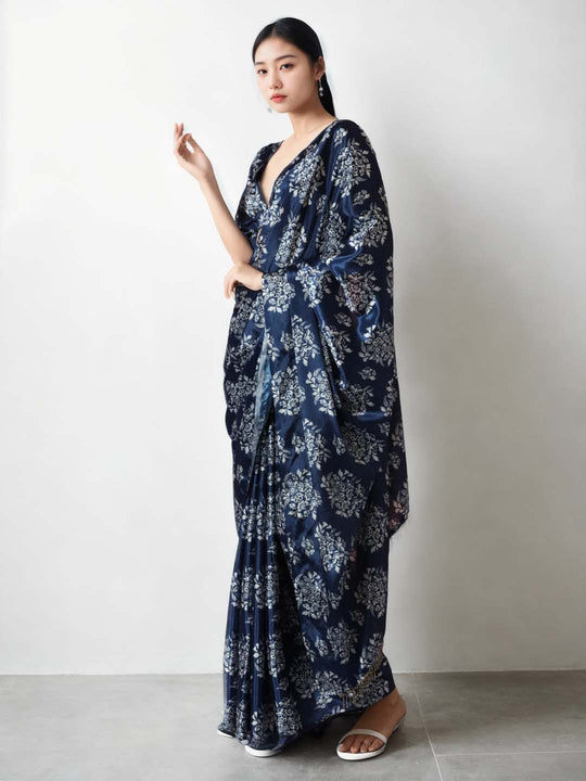 Navy Blue Chinon Digital Print with Lace Border Ready to Wear Saree