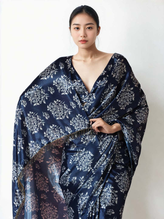 Navy Blue Chinon Digital Print with Lace Border Ready to Wear Saree