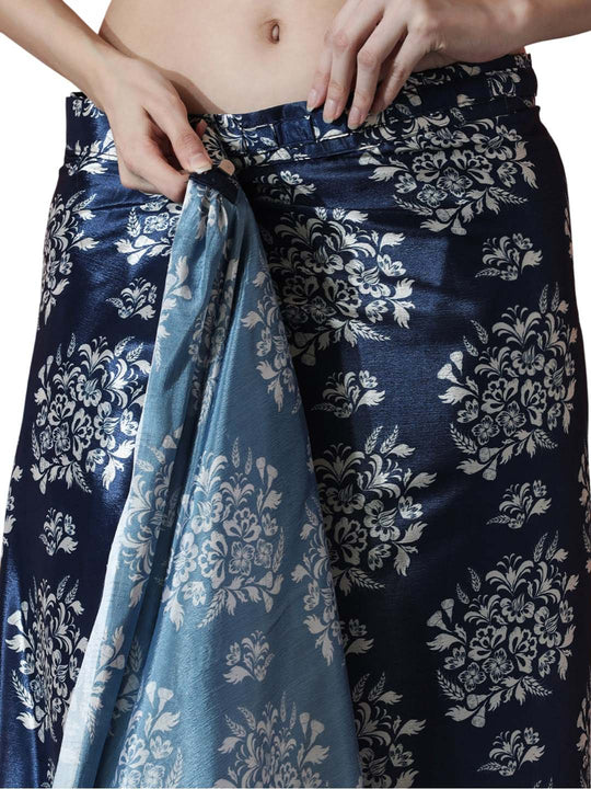 Navy Blue Chinon Digital Print with Lace Border Ready to Wear Saree