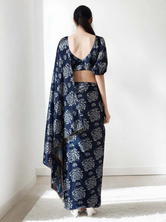 Navy Blue Chinon Digital Print with Lace Border Ready to Wear Saree