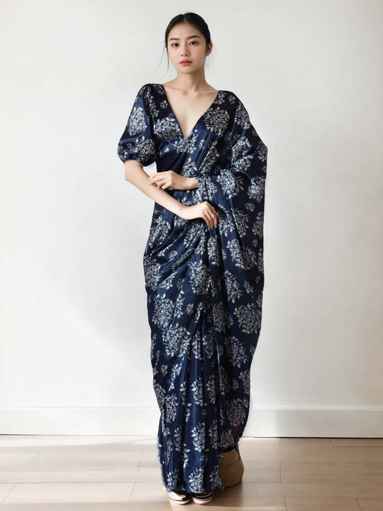 Navy Blue Chinon Digital Print with Lace Border Ready to Wear Saree