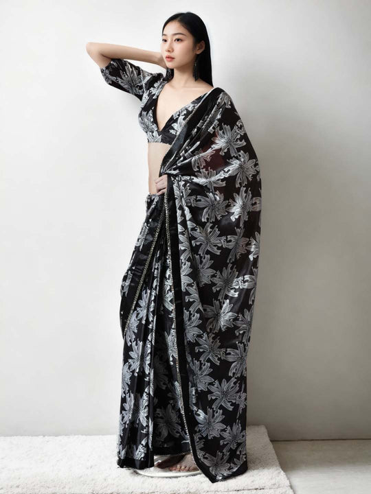 Black Chinon Digital Print with Lace Border Ready to Wear Saree