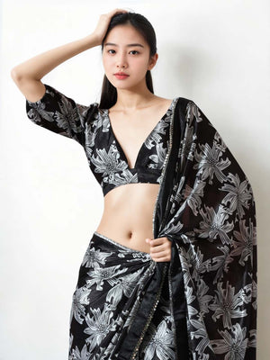 Black Chinon Digital Print with Lace Border Ready to Wear Saree