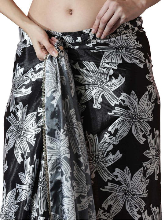 Black Chinon Digital Print with Lace Border Ready to Wear Saree