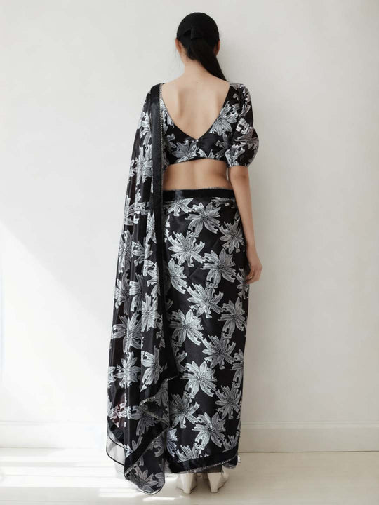 Black Chinon Digital Print with Lace Border Ready to Wear Saree