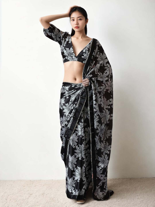 Black Chinon Digital Print with Lace Border Ready to Wear Saree