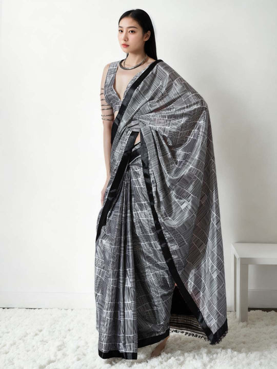 Grey Chinon Digital Print with Lace Border Ready to Wear Saree
