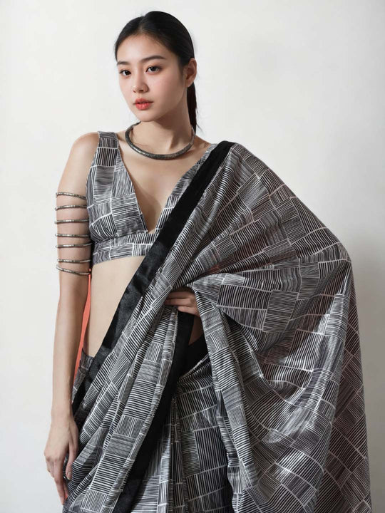 Grey Chinon Digital Print with Lace Border Ready to Wear Saree