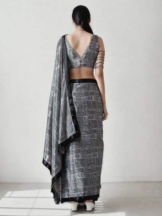 Grey Chinon Digital Print with Lace Border Ready to Wear Saree