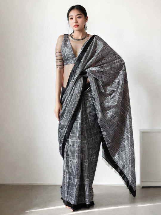 Grey Chinon Digital Print with Lace Border Ready to Wear Saree