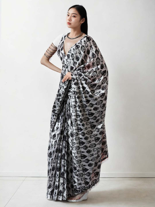 Black Chinon Digital Print with Lace Border Ready to Wear Saree