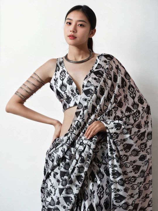 Black Chinon Digital Print with Lace Border Ready to Wear Saree