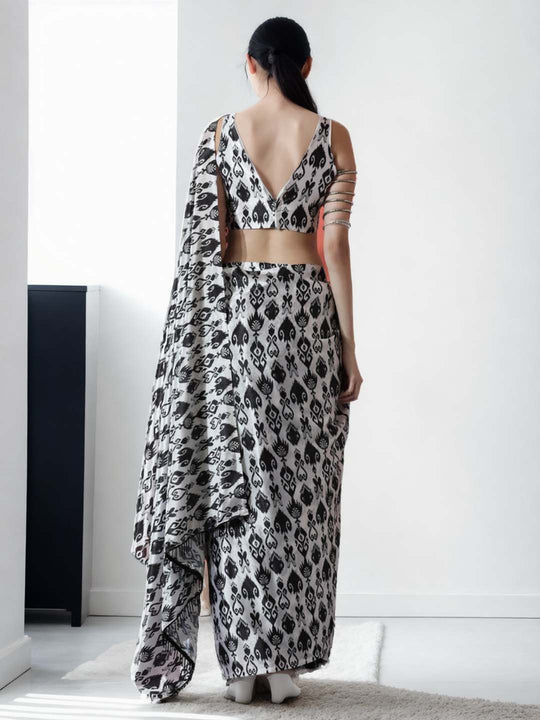 Black Chinon Digital Print with Lace Border Ready to Wear Saree