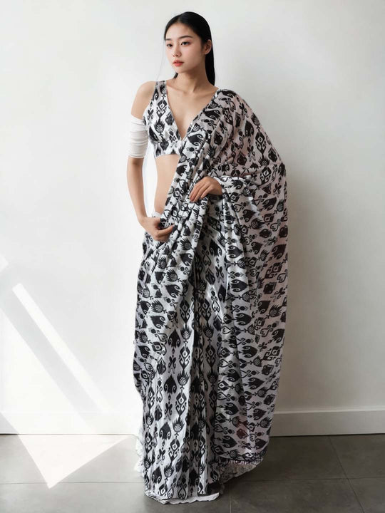 Black Chinon Digital Print with Lace Border Ready to Wear Saree