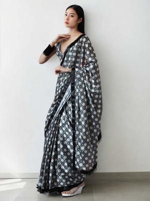 Grey Chinon Digital Print with Lace Border Ready to Wear Saree