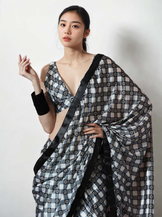 Grey Chinon Digital Print with Lace Border Ready to Wear Saree