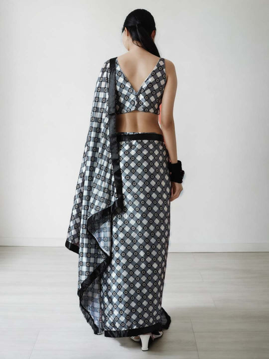 Grey Chinon Digital Print with Lace Border Ready to Wear Saree