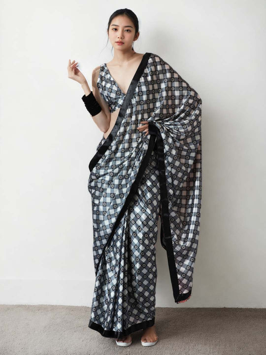 Grey Chinon Digital Print with Lace Border Ready to Wear Saree