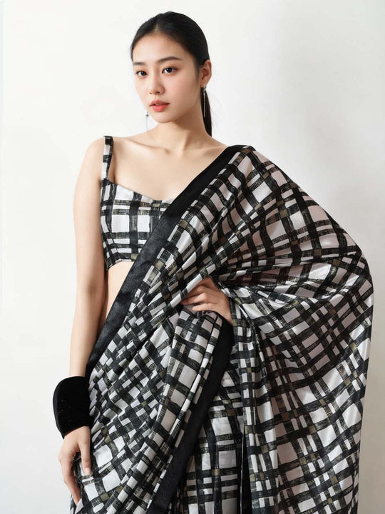 Black Chinon Digital Print with Lace Border Ready to Wear Saree