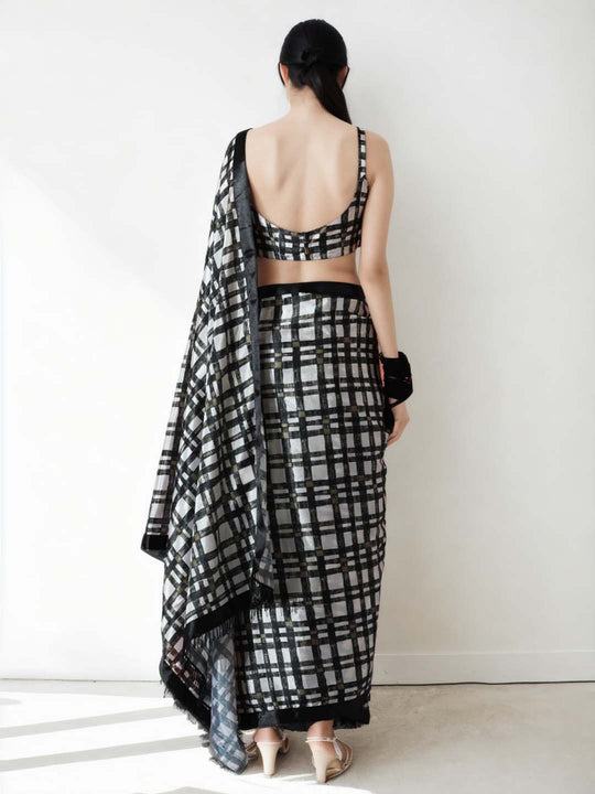 Black Chinon Digital Print with Lace Border Ready to Wear Saree