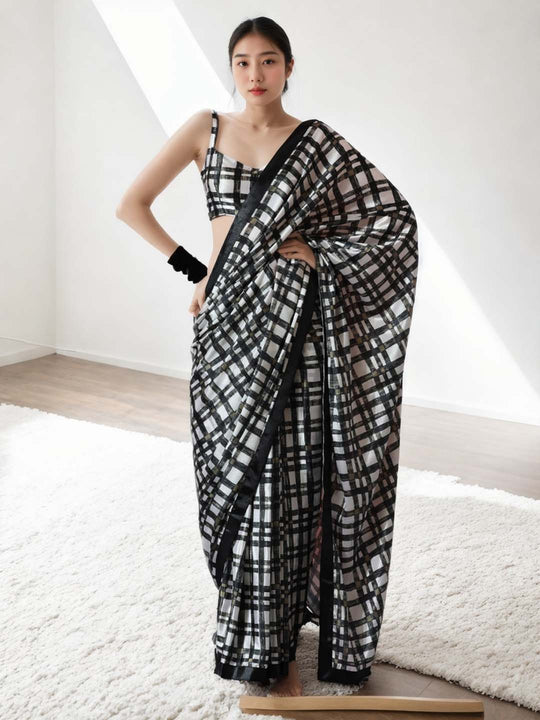 Black Chinon Digital Print with Lace Border Ready to Wear Saree