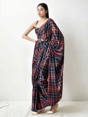 Multicolor Chinon Digital Print with Lace Border Ready to Wear Saree