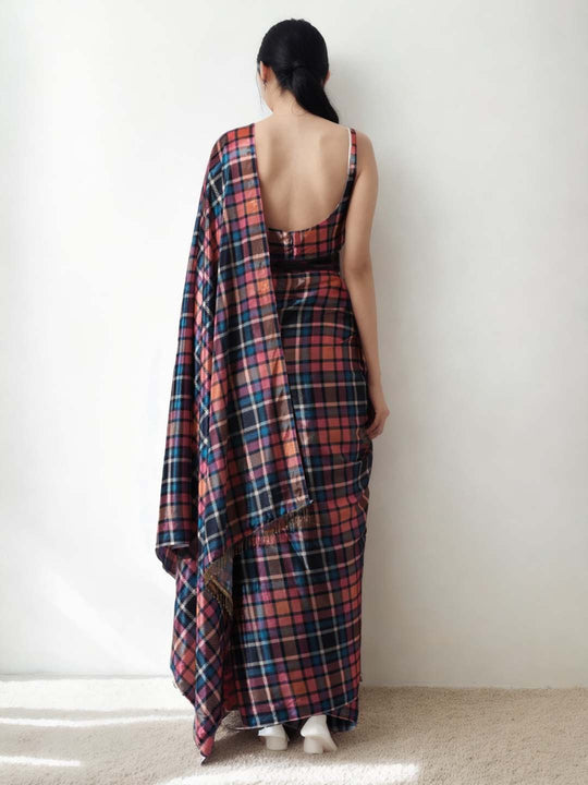 Multicolor Chinon Digital Print with Lace Border Ready to Wear Saree