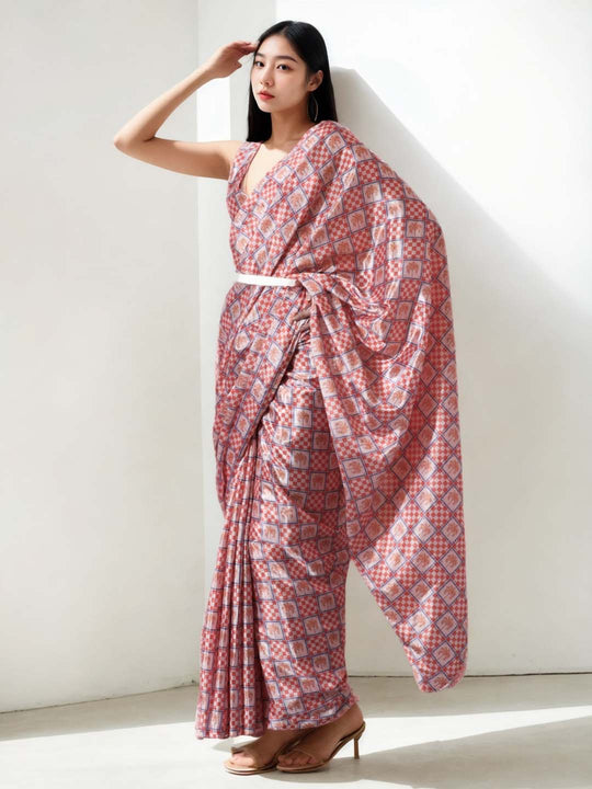 Peach Chinon Digital Print with Lace Border Ready to Wear Saree