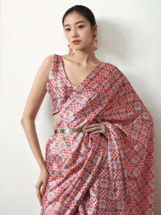 Peach Chinon Digital Print with Lace Border Ready to Wear Saree