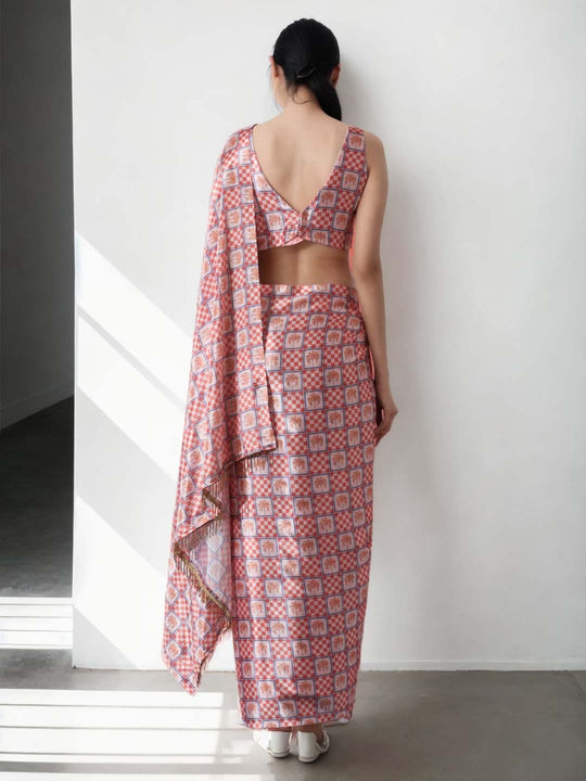 Peach Chinon Digital Print with Lace Border Ready to Wear Saree