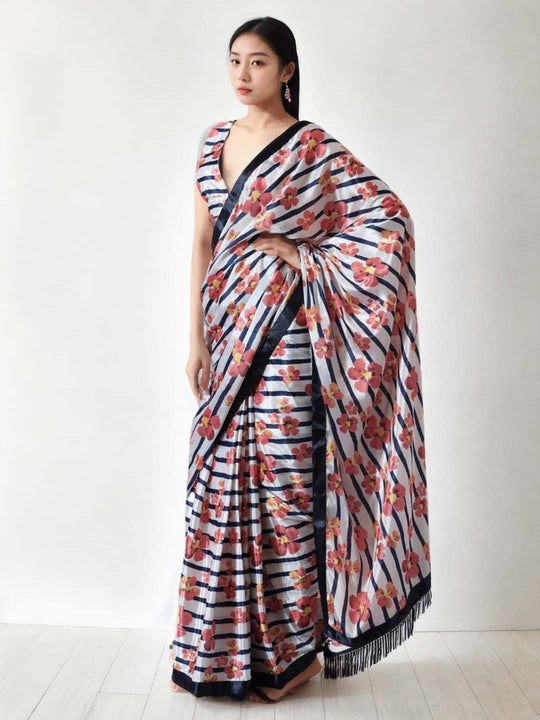 Multicolor Chinon Digital Print with Lace Border Ready to Wear Saree