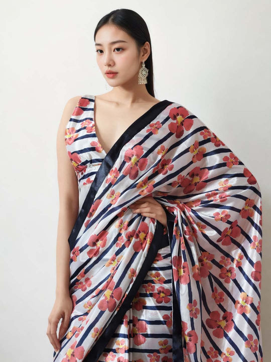 Multicolor Chinon Digital Print with Lace Border Ready to Wear Saree