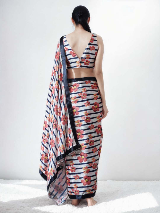 Multicolor Chinon Digital Print with Lace Border Ready to Wear Saree