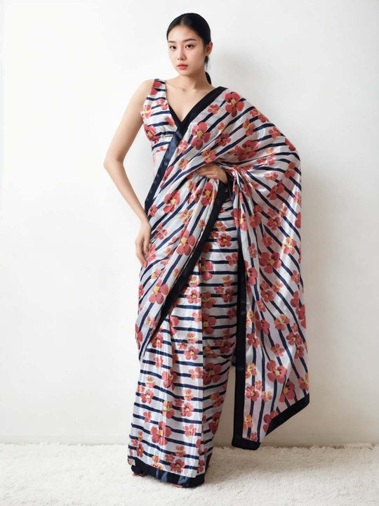 Multicolor Chinon Digital Print with Lace Border Ready to Wear Saree
