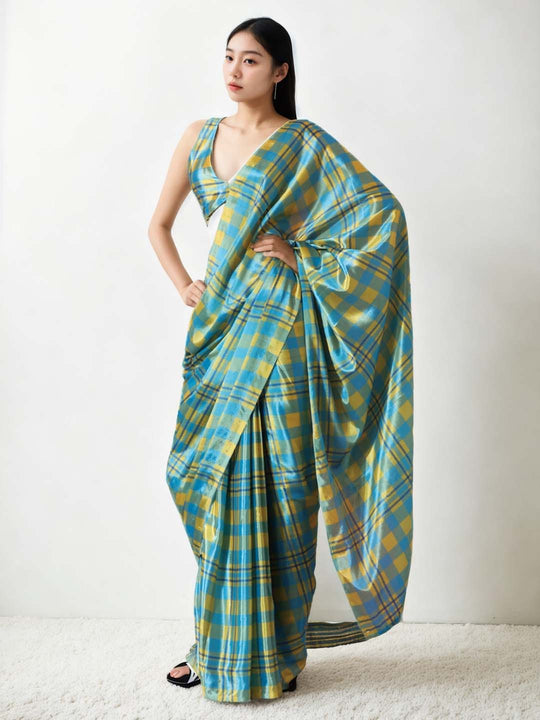 Sky Blue Chinon Digital Print with Lace Border Ready to Wear Saree