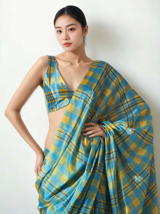 Sky Blue Chinon Digital Print with Lace Border Ready to Wear Saree