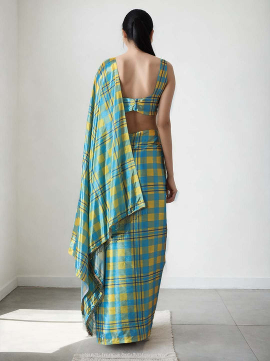 Sky Blue Chinon Digital Print with Lace Border Ready to Wear Saree