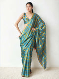 Sky Blue Chinon Digital Print with Lace Border Ready to Wear Saree